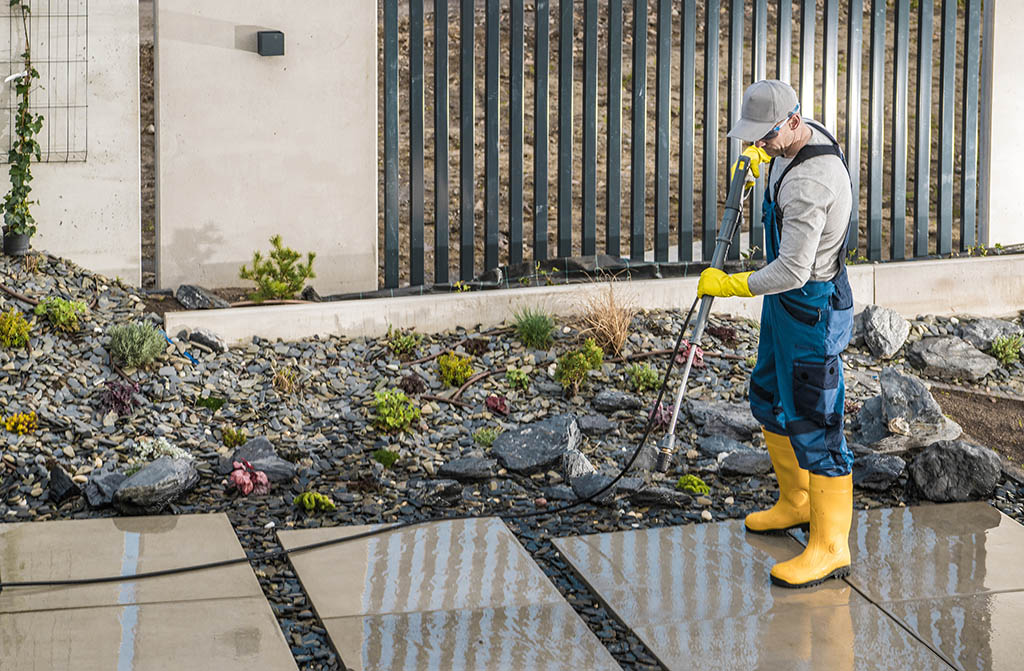 Man Pressure Washing Concrete Tiles